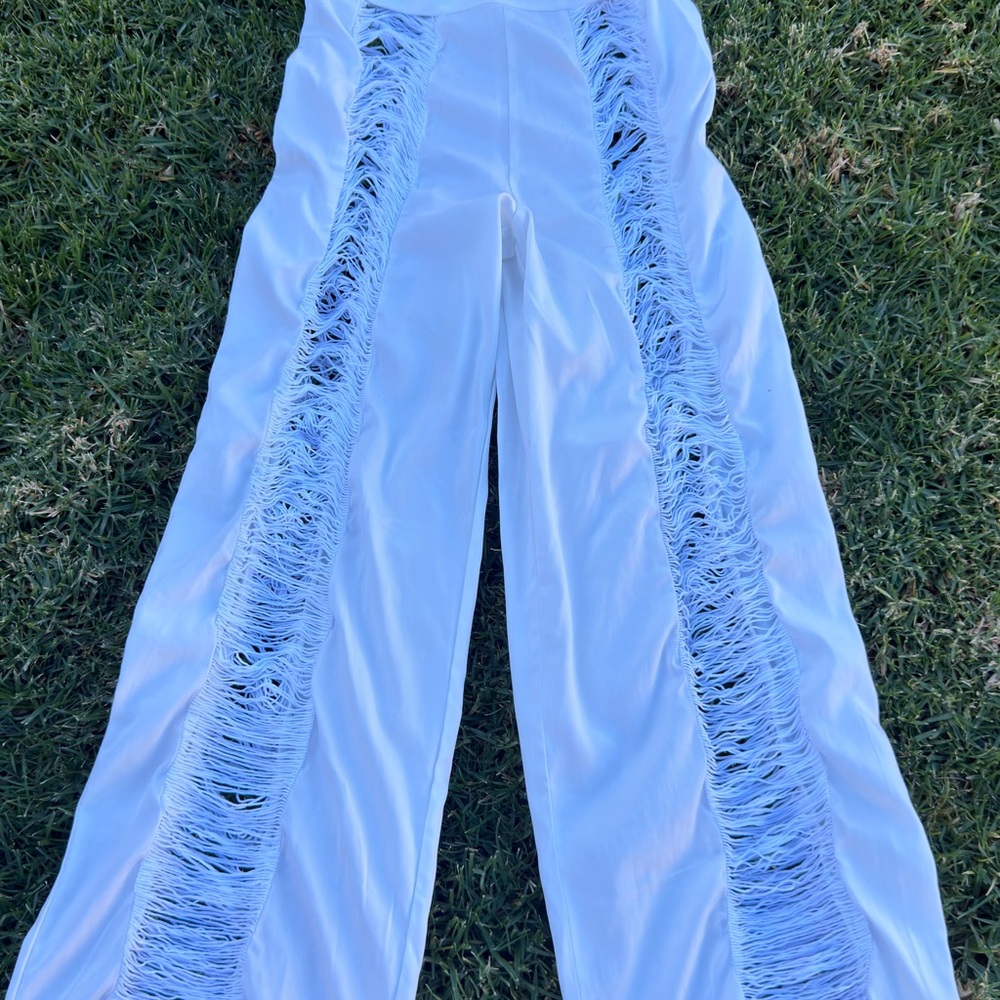 White Pants with Blue Distressed Stripes